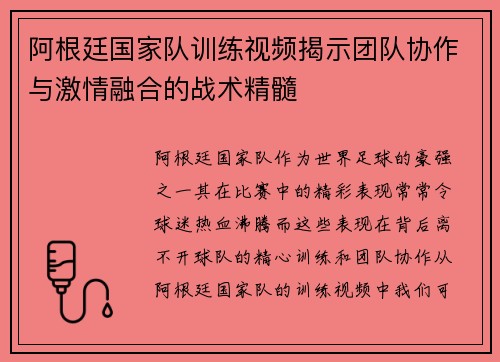 阿根廷国家队训练视频揭示团队协作与激情融合的战术精髓 阿根廷国家队训练视频揭示团队协作与激情融合的战术精髓